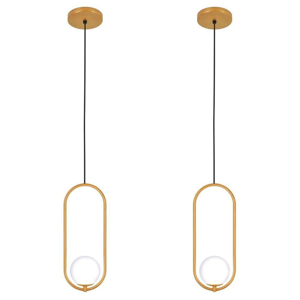 Kit 2 Luminárias Pendente Arco Globo Vidro Sala Cama Dourado
