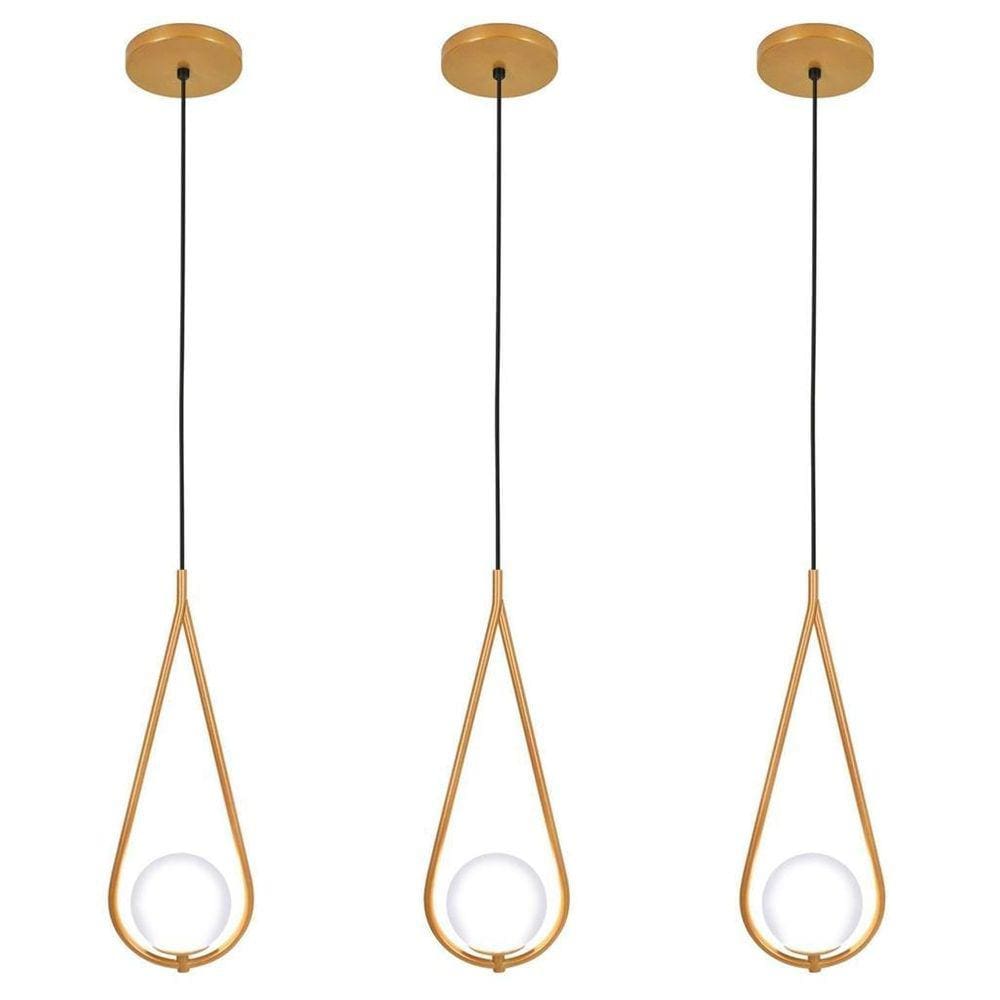 Kit 3 Luminárias Pendente Gota Globo Vidro Quarto Dourado
