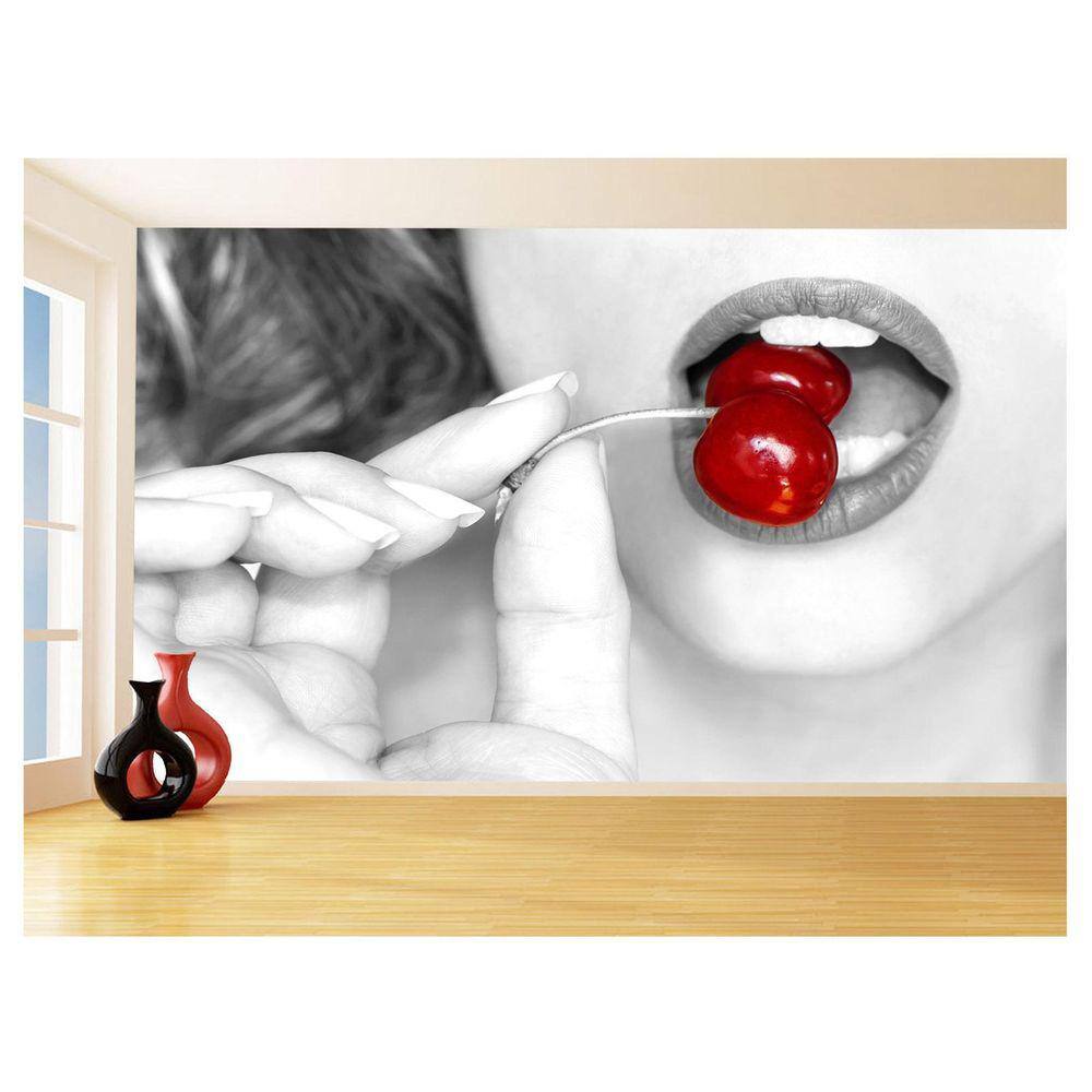 Papel De Parede 3D Arte Boca Lábios Cereja Sexy 3,5M Tra157