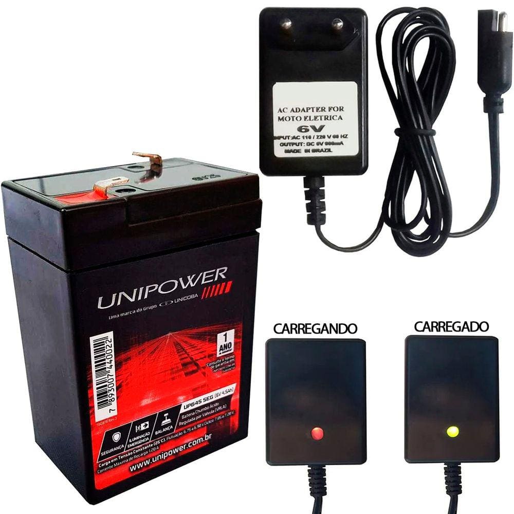 Kit Bateria 6v 4,5ah Unipower + Carregador 6v 900mah Led Moto Carrinho