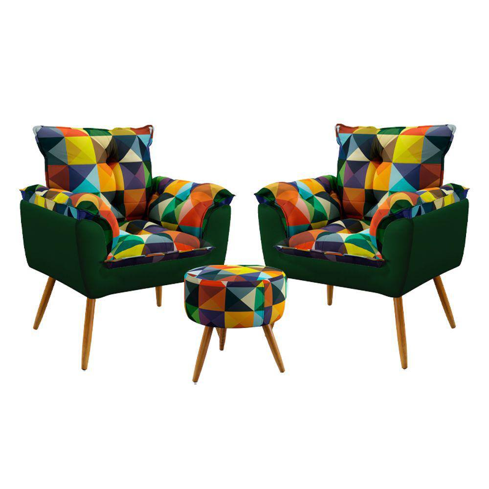 Kit 2 Poltronas Beta e Puff Solar F-015 Sued Estampado Colorido com Sued Aradecor