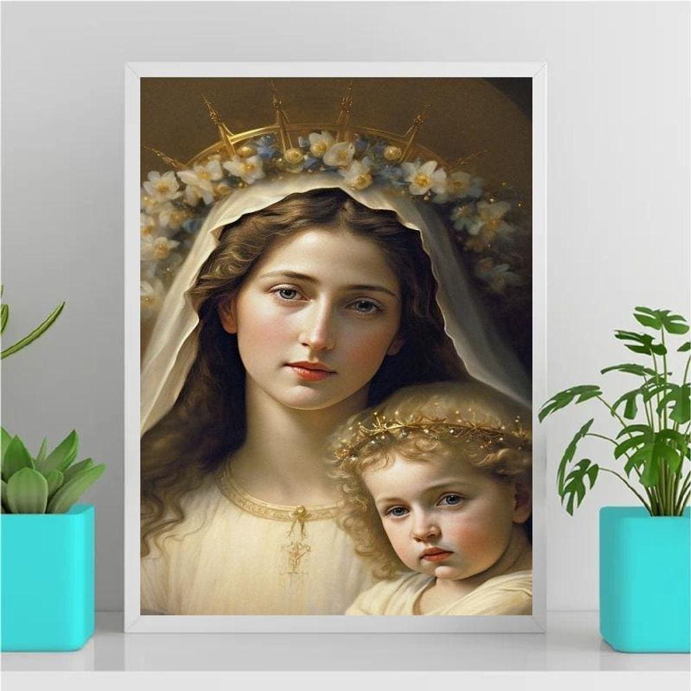Quadro Virgem Maria Menino Jesus 45x34cm - Moldura Branca