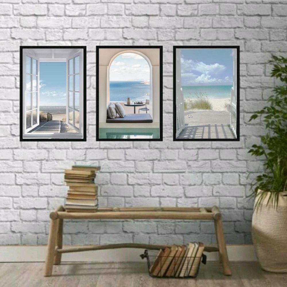 Kit 3 Quadros Decorativos Janelas Praia 33x24cm - Preta