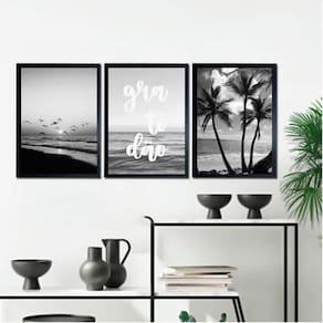 Kit 3 Quadros Praia Preto E Branco Gratidão 33X24Cm