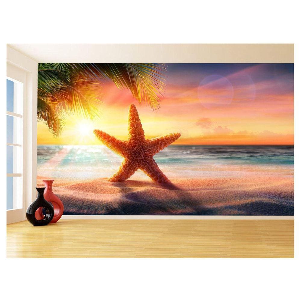 Papel De Parede 3D Praia Areia Estrelas Mar Céu 3,5M Npr334