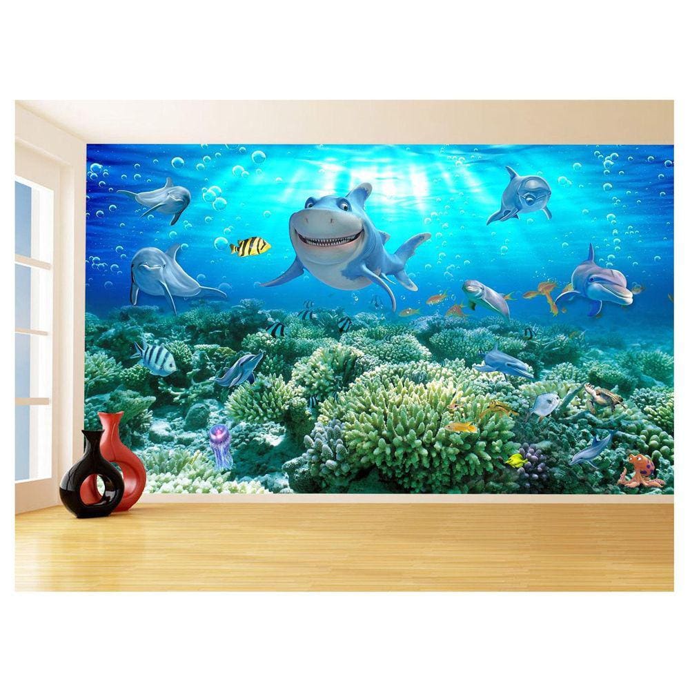 Papel De Parede 3D Fundo Do Mar Tubarão Kids 3,5M Fm121