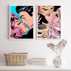 Kit 2 Quadros Casais Beijo Pop Art 24x18cm - Vidro e Moldura Branca