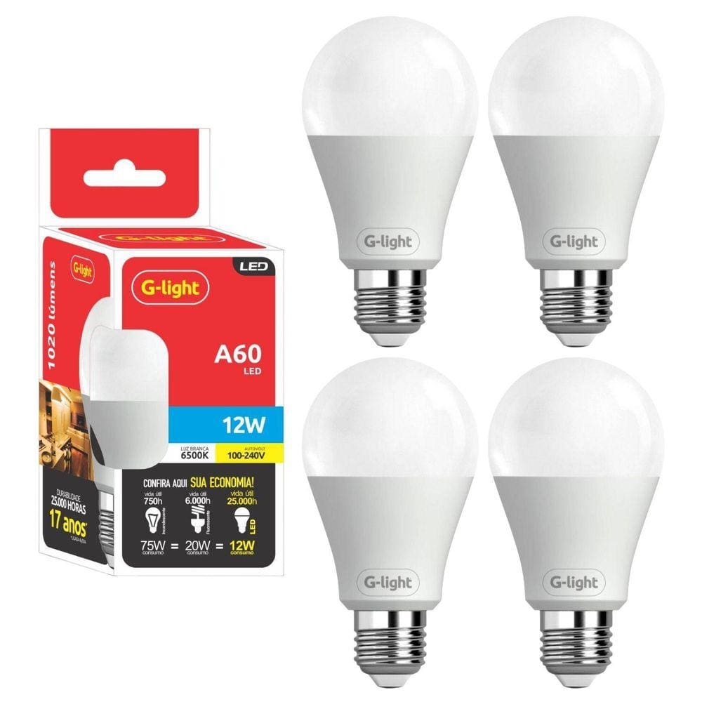Kit 4 Lâmpadas Led 12W E27 Autovolt 6500K Branco Frio Cor Da