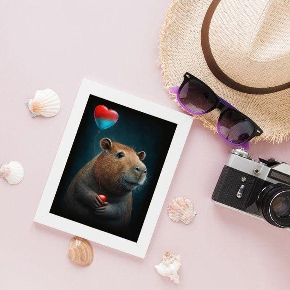 Quadro Capivara Coração 24x18cm - Madeira Branca