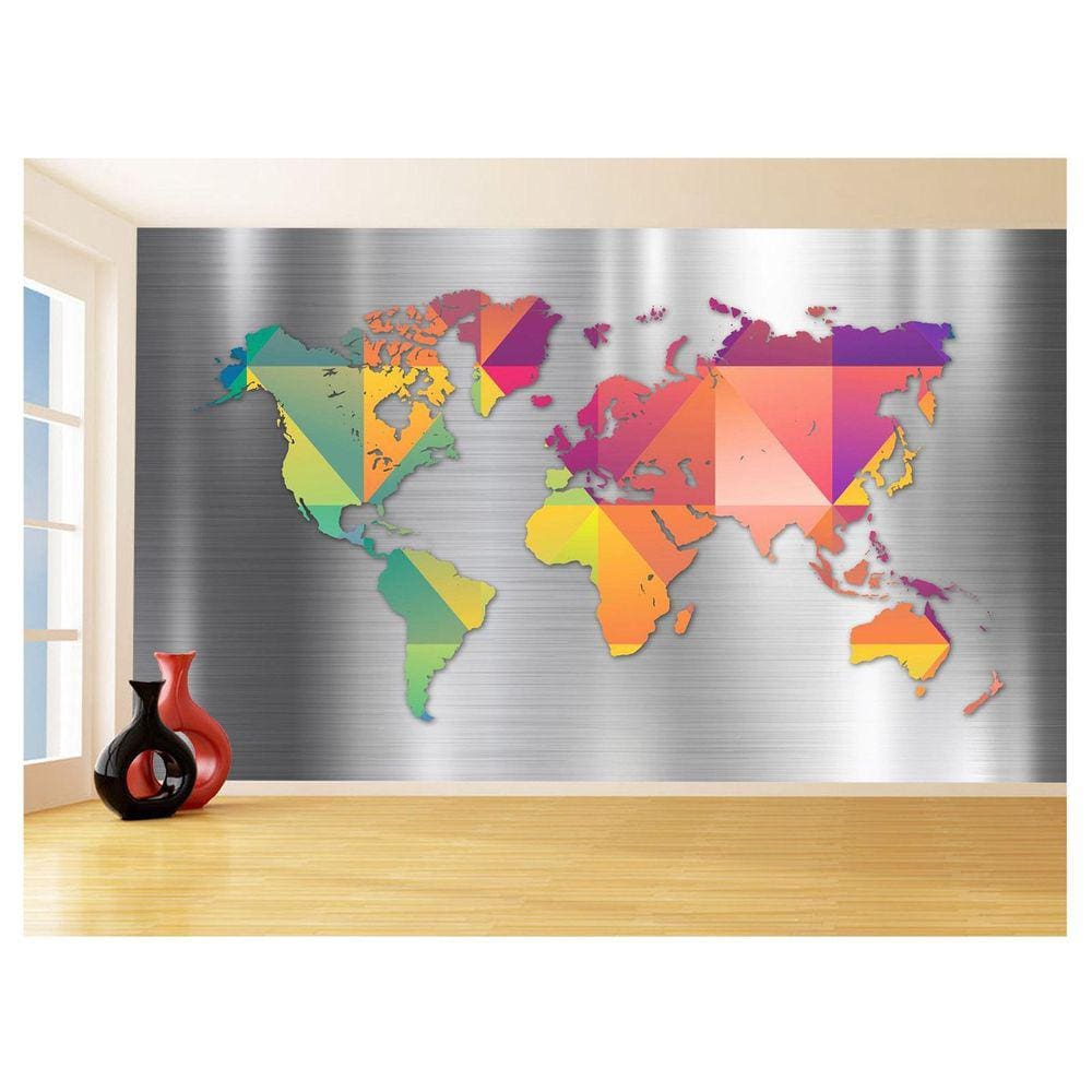 Papel De Parede 3D Mapa Mundi Aço Escovado Metal 3,5M Nmu61