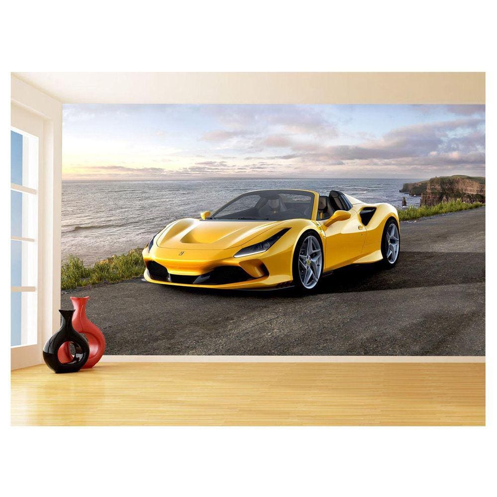 Papel De Parede 3D Carro Ferrari Amarela Fundo 3,5M Car122
