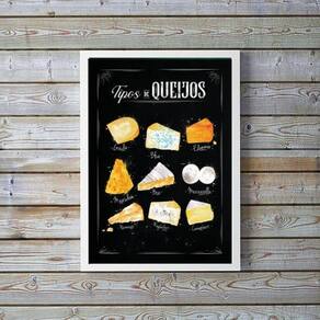 Quadro Decorativo Tipos de Queijo 33x24cm - Madeira Branca