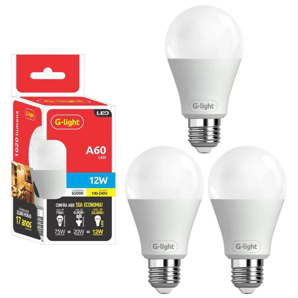 Kit 3 Lâmpadas Led 12W E27 Autovolt 6500K Branco Frio Cor Da