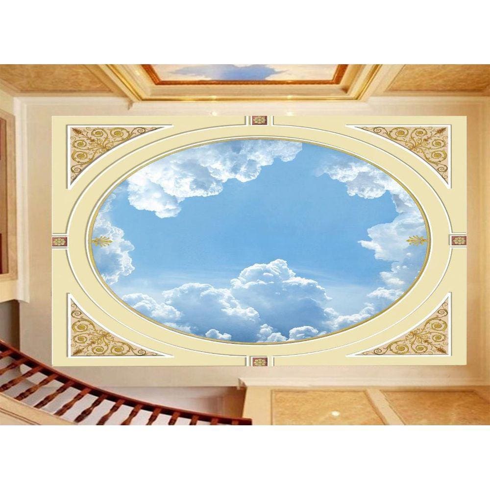 Papel De Teto Céu Azul Nuvens Moldura Impressa 3,5M Rof25
