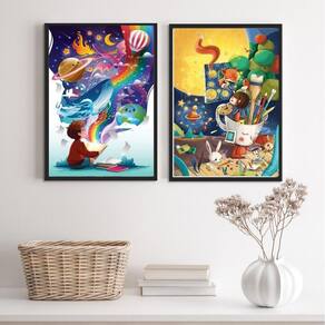 Kit 2 Quadros Infantis Mundo Imaginação 45x34cm - Vidro e Moldura Branca
