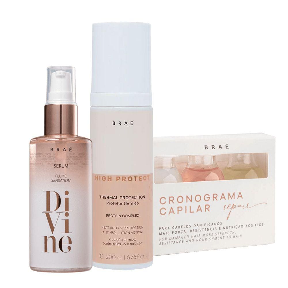Kit Braé High Protect Thermal Protection  Braé Divine Plume e Cronograma Capilar Repair (3 produtos)