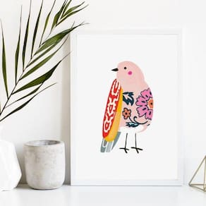 Quadro passarinho floral 45x34cm - vidro, Moldura branca