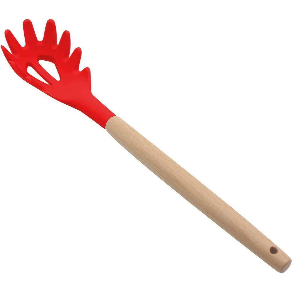Pegador De Macarrão Silicone E Madeira Grande 32Cm Vermelho