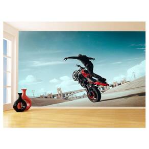 Papel De Parede 3D Moto Grau Empinando Manobra 3,5M Bkm33