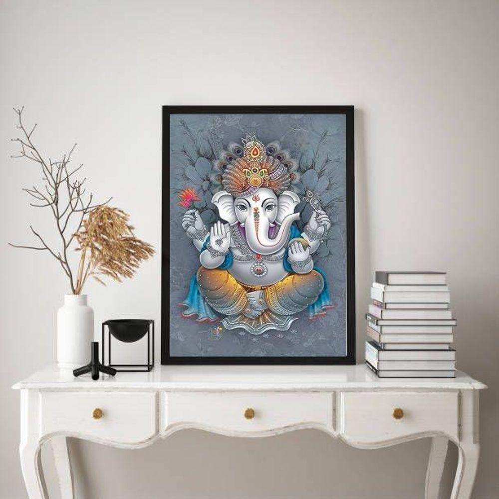 Quadro Ganesha Cinza 24x18cm Moldura Madeira Preta