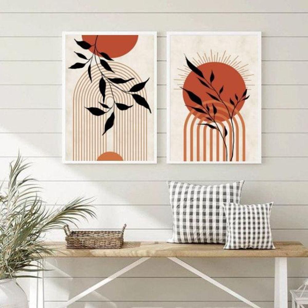 Quadros Decorativos Boho Sol Folhas Terracota 24x18cm - Kit 2 - Moldura Preta