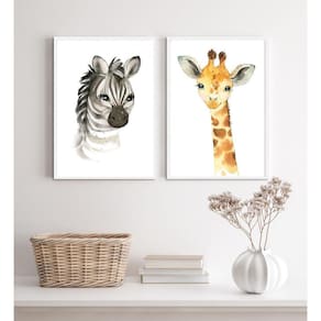 Kit 2 Quadros Animais Infantis Aquarela 33x24cm