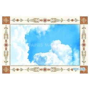 Papel De Teto Céu Azul Nuvens Moldura Impressa 3,5M Rof26