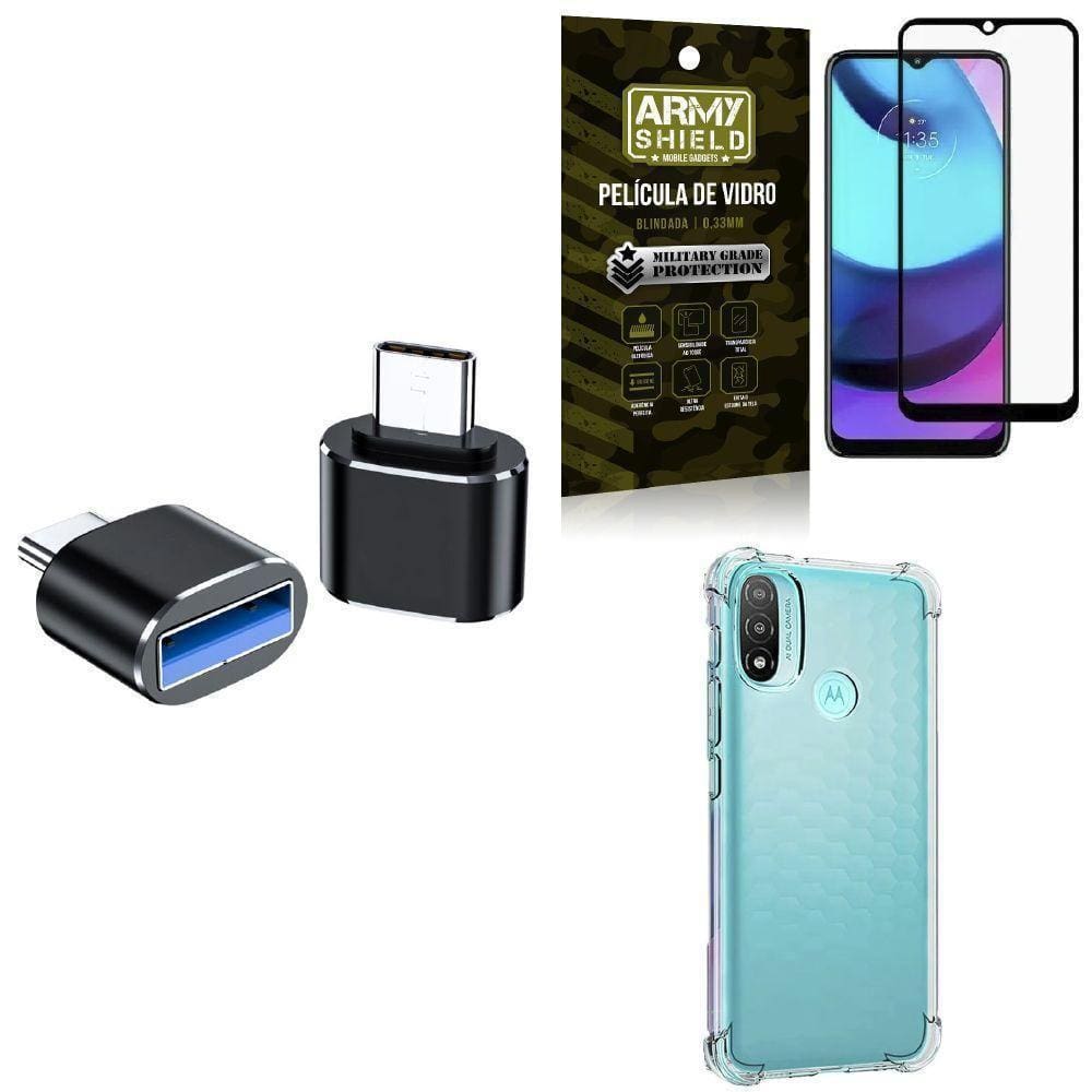 Capinha Moto E20 + Otg Tipo C Para Usb + Película 3D