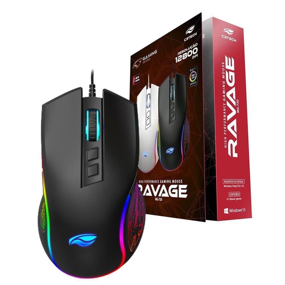 Mouse Gamer 12800 Dpi Usb Led Rgb Macho 7 Botões Black