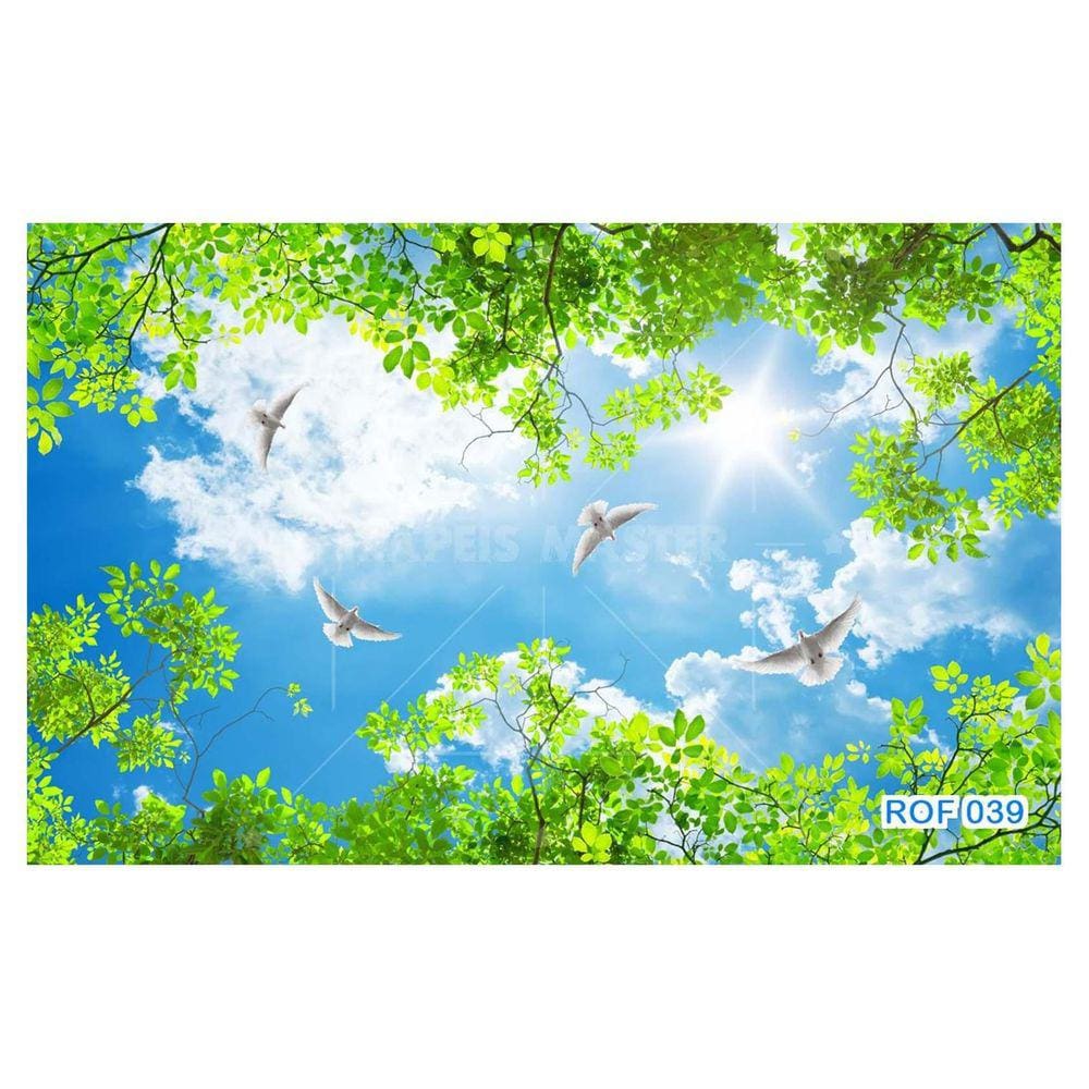 Papel De Teto Céu Azul Nuvens Flores Pombas 3,5M Rof39
