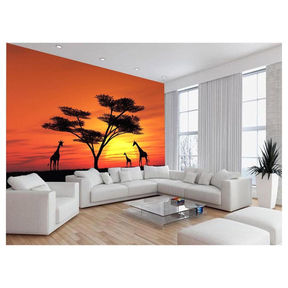 Papel De Parede 3D Animais Girafas Por Do Sol 3,5M Anm549