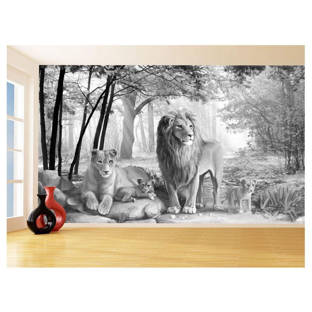 Papel De Parede 3D Animais Leão Família Filhote 3,5M Anm504