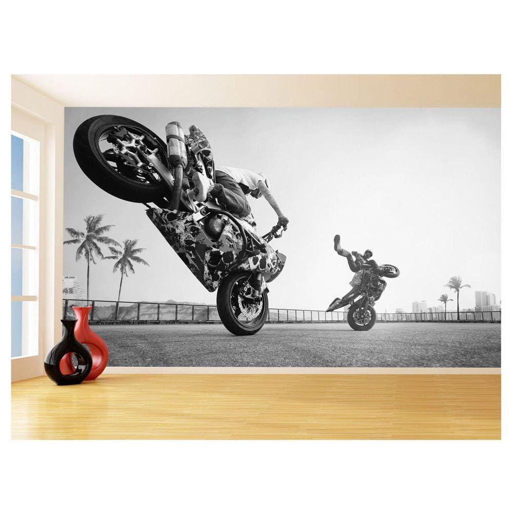 Papel De Parede 3D Moto Grau Empinando Manobra 3,5M Bkm40
