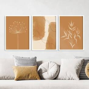 Kit 3 Quadros Abstratos Folhas Aquarela Marrom 24x18cm