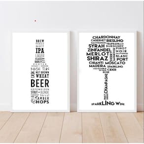 Kit 2 Quadros Cerveja Vinho 24x18cm - Moldura Preta