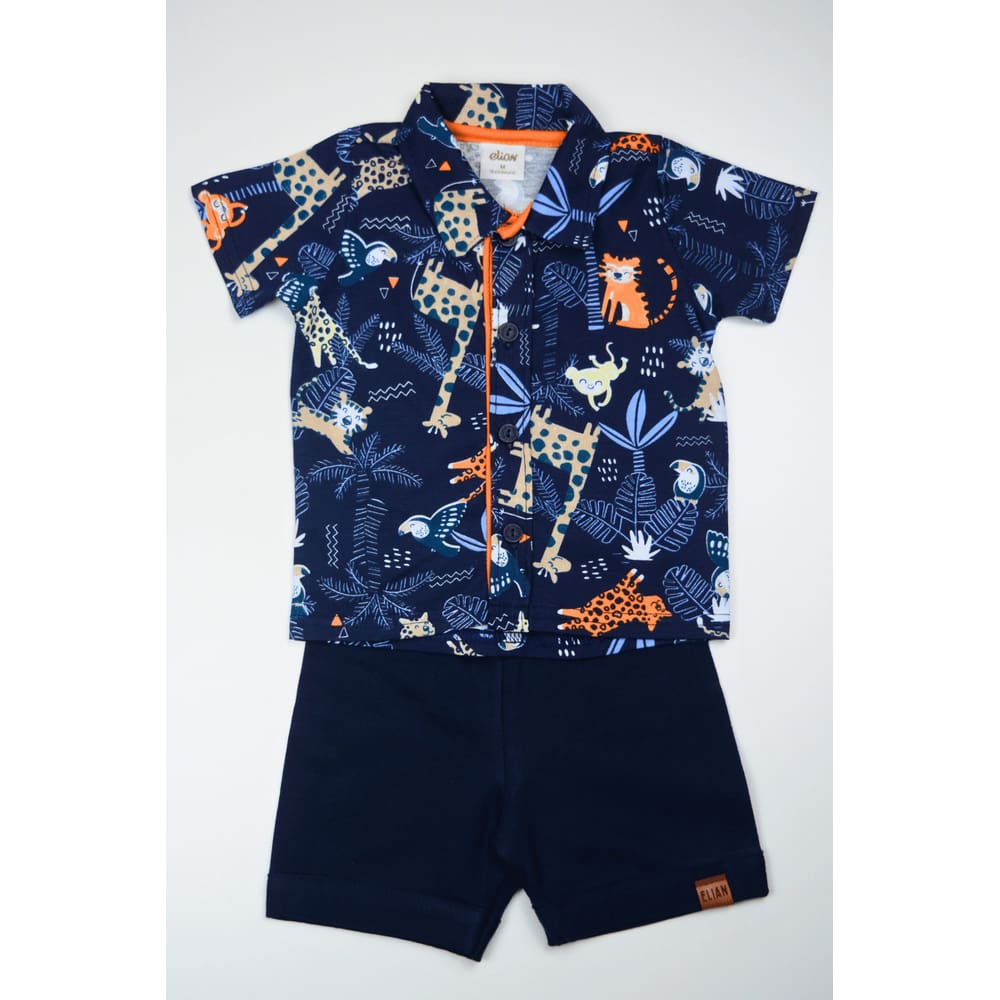 Conjunto Menino Bebê Algodão Azul Marinho Com Estampa Animal Elian