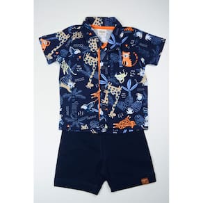 Conjunto Menino Bebê  Algodão Azul Marinho Com Estampa Animal Elian