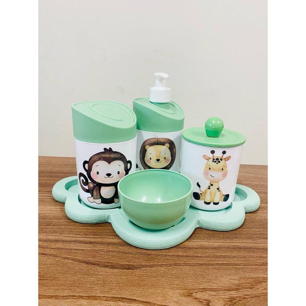 Kit Higiene Leão, Macaco, Girafa Verde C/Bandeja Nuvem Verde