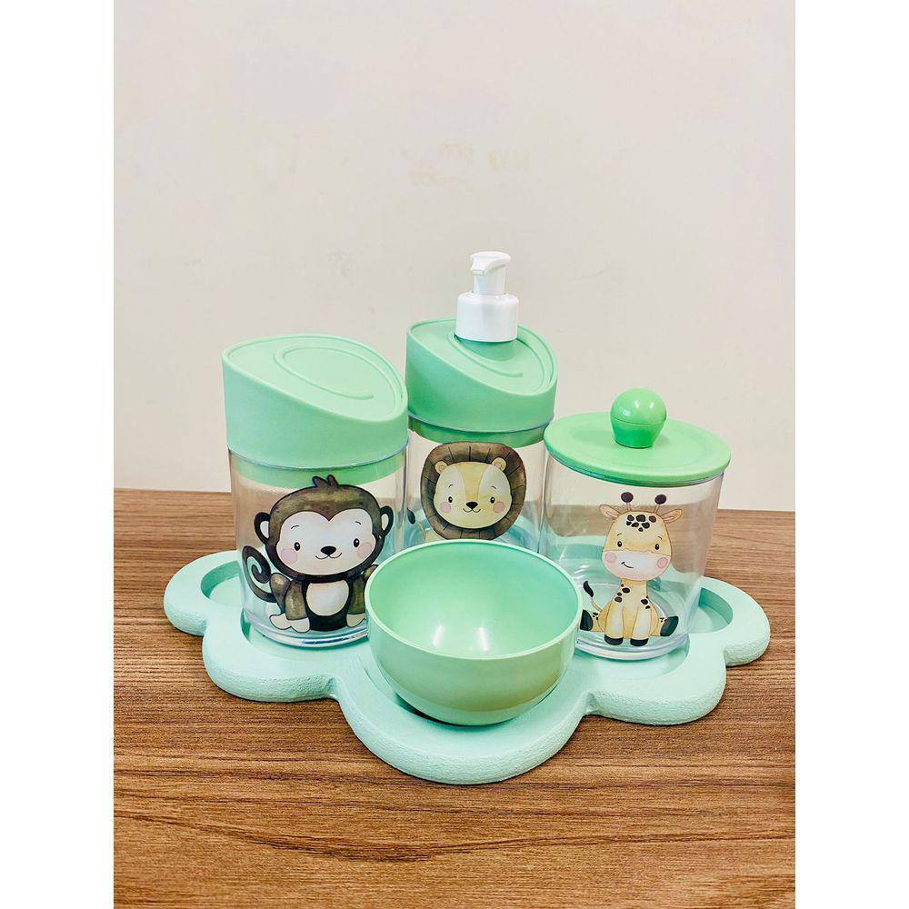 Kit Higiene Transparente Leão, Macaco, Girafa Verde C/Bandeja Nuvem Verde