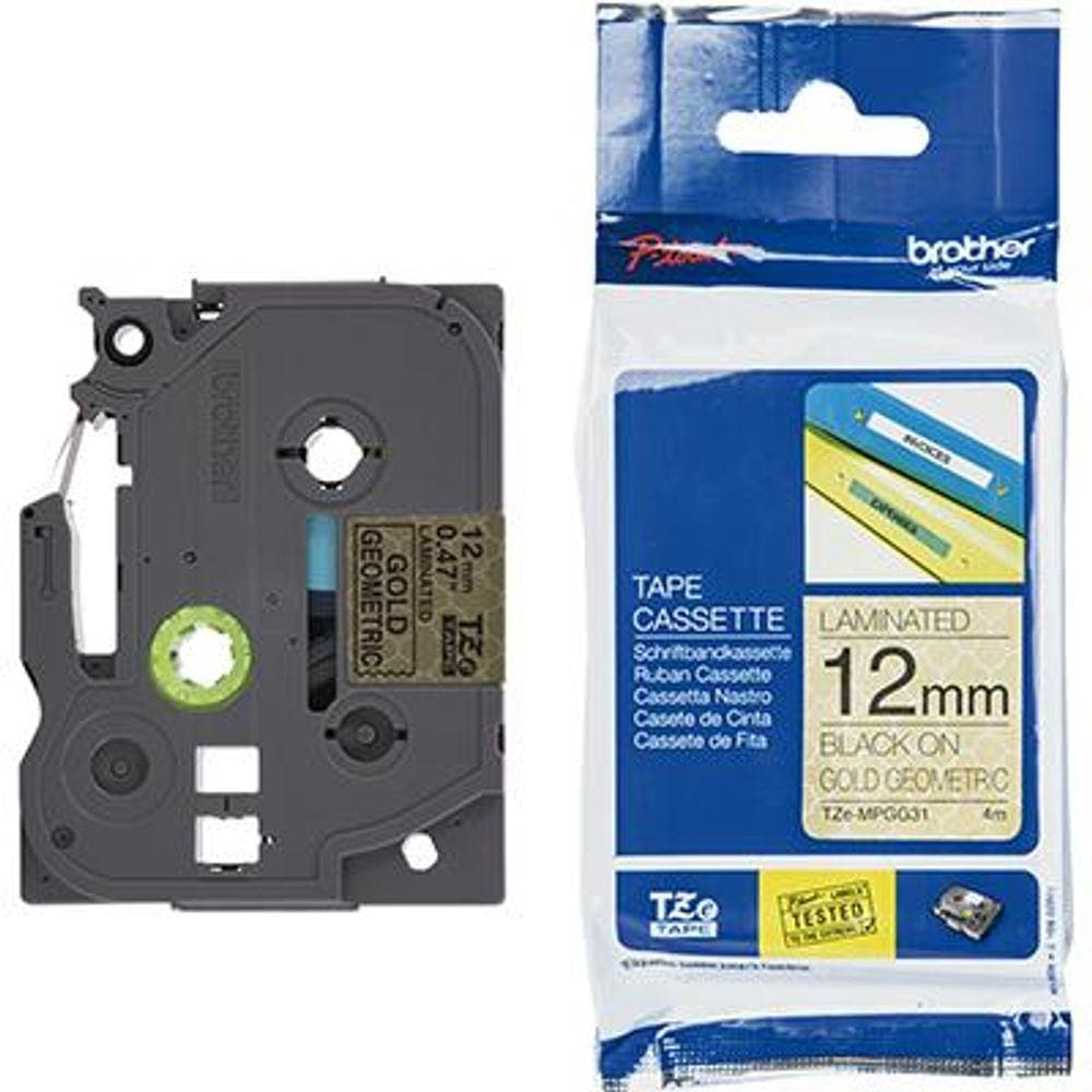 Fita Brother TZE-MPGG31 12mm Preto sobre Ouro Geométrico