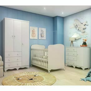 Quarto de Bebê Completo com Guarda Roupa 3 Portas Cômoda e Berço 100% MDF Mimo Espresso Móveis Branco Brilho