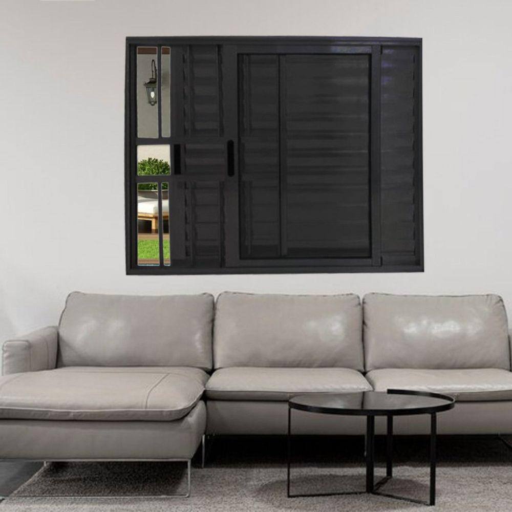 Janela Veneziana de Alumínio 3 Folhas 120 x 150cm Linha 25 com Grade Esquadrias Bergame Preto