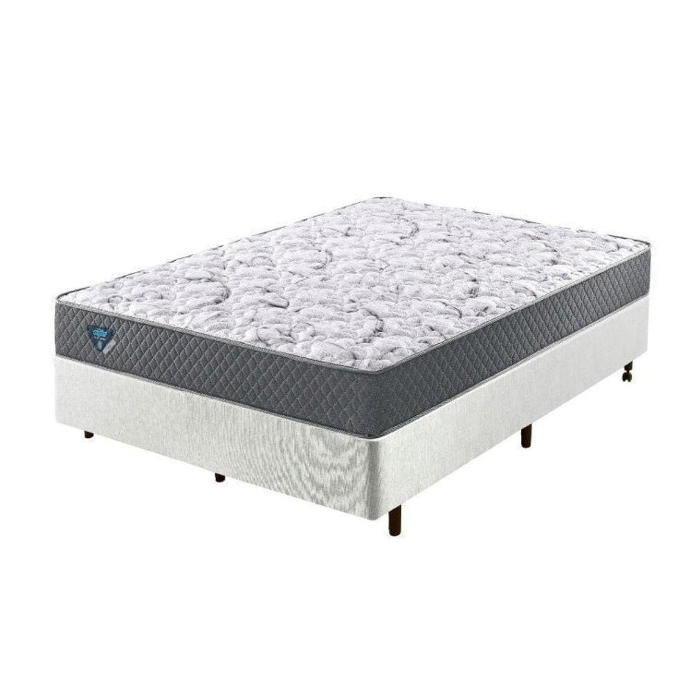 Cama Box Casal Reforçado 138x188x38cm e Colchão Adapto Molas Ensacadas Branco e Cinza