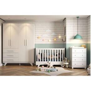 Quarto de Bebê Completo com Guarda Roupa 4 Portas 3 Gavetas Cômoda e Berço Retrô Móveis Peroba Branco Brilho