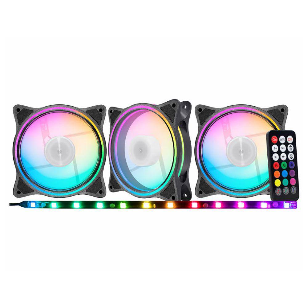 Kit 3 Fan Cooler Argb Rítmico 12cm Fita e Controle Kmex Aada