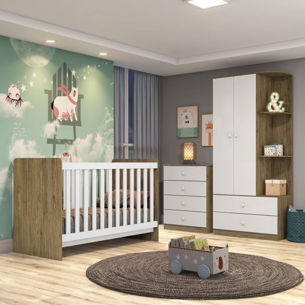 Quarto de Bebê Berço Mini Cama Guarda Roupa e Cômoda Sonho Encantado Espresso Móveis Rústico/Branco