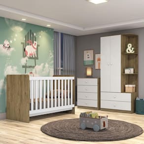 Quarto de Bebê Berço Mini Cama Guarda Roupa e Cômoda Sonho Encantado Espresso Móveis Rústico/Branco