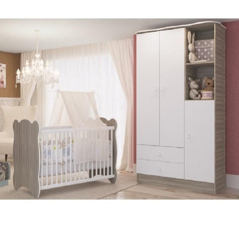 Quarto de Bebê Completo Berço com Guarda Roupa 3 Portas 2 Gavetas 2 Nichos Algodão Doce Móveis Percasa Fresno/Branco
