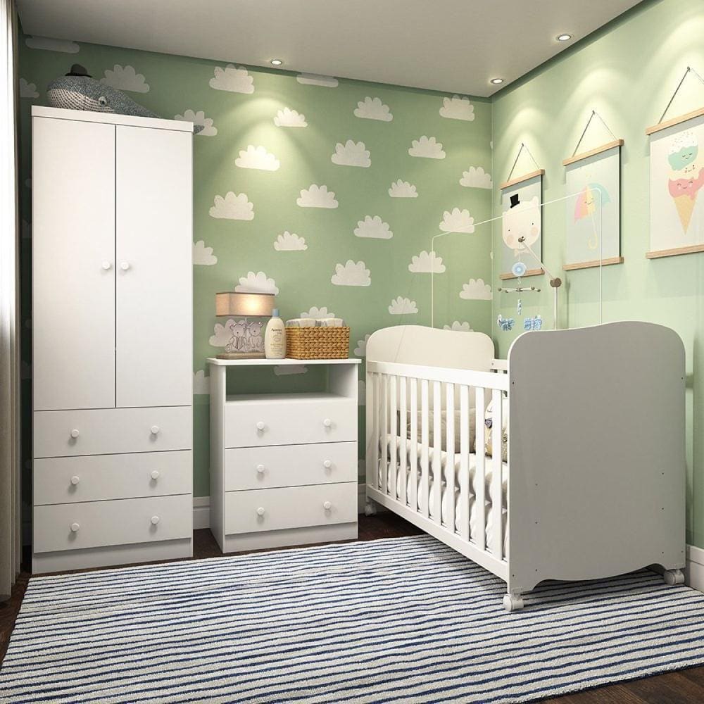 Quarto de Bebê Completo com Berço Americano Guarda Roupa Cômoda Cambalhota Espresso Móveis Branco Brilho
