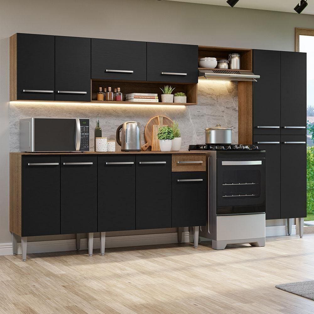 Armário De Cozinha Completa 293cm Rustic/preto Emilly Madesa 10 Rustic/preto